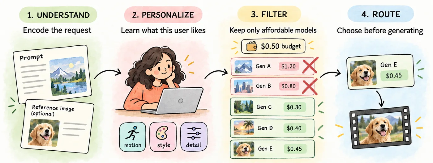 How TasteRoute works: understand the request, personalize, filter by budget, then route